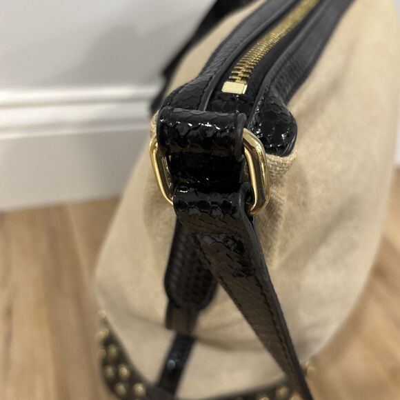 Nine West Canvas Shoulder Bag Black Patent Leather Nailhead Trim Tassle 10x12 - Picture 10 of 16